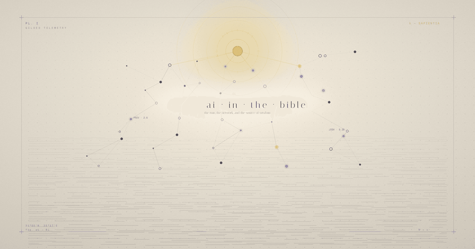 AI in the Bible illustrated plate linking the ancient city of Ai, a neural network, and the light of biblical wisdom