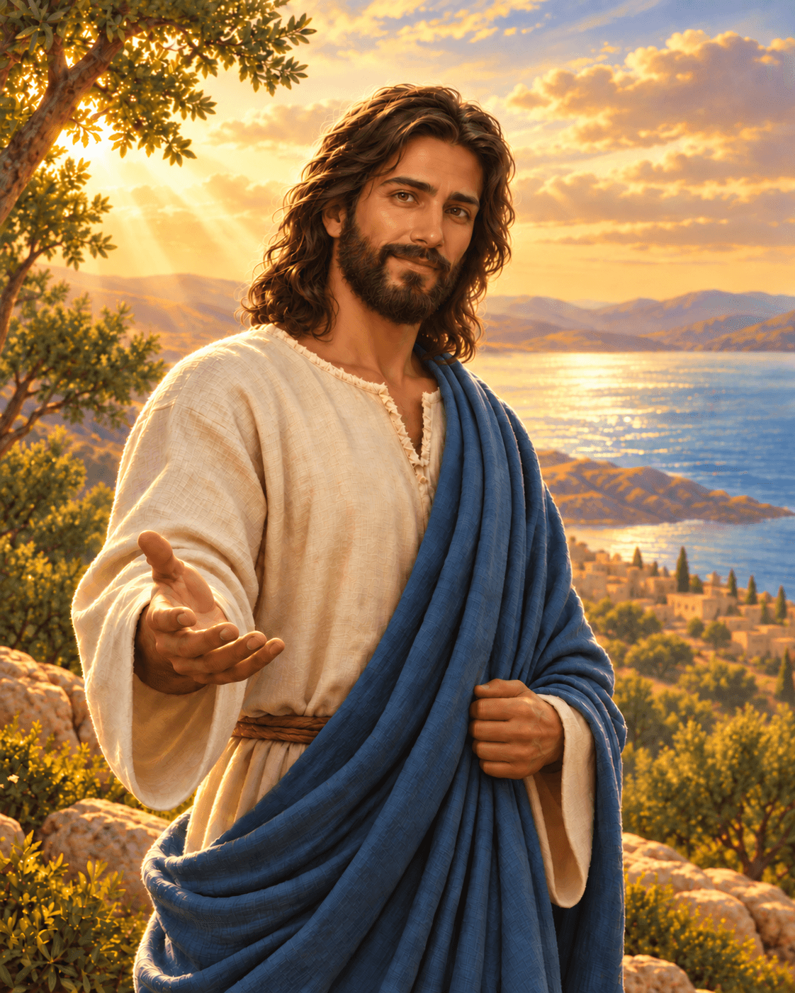 A painting of Jesus in a cream robe and blue cloak, reaching out a welcoming hand, with a lake and hills at sunrise behind him
