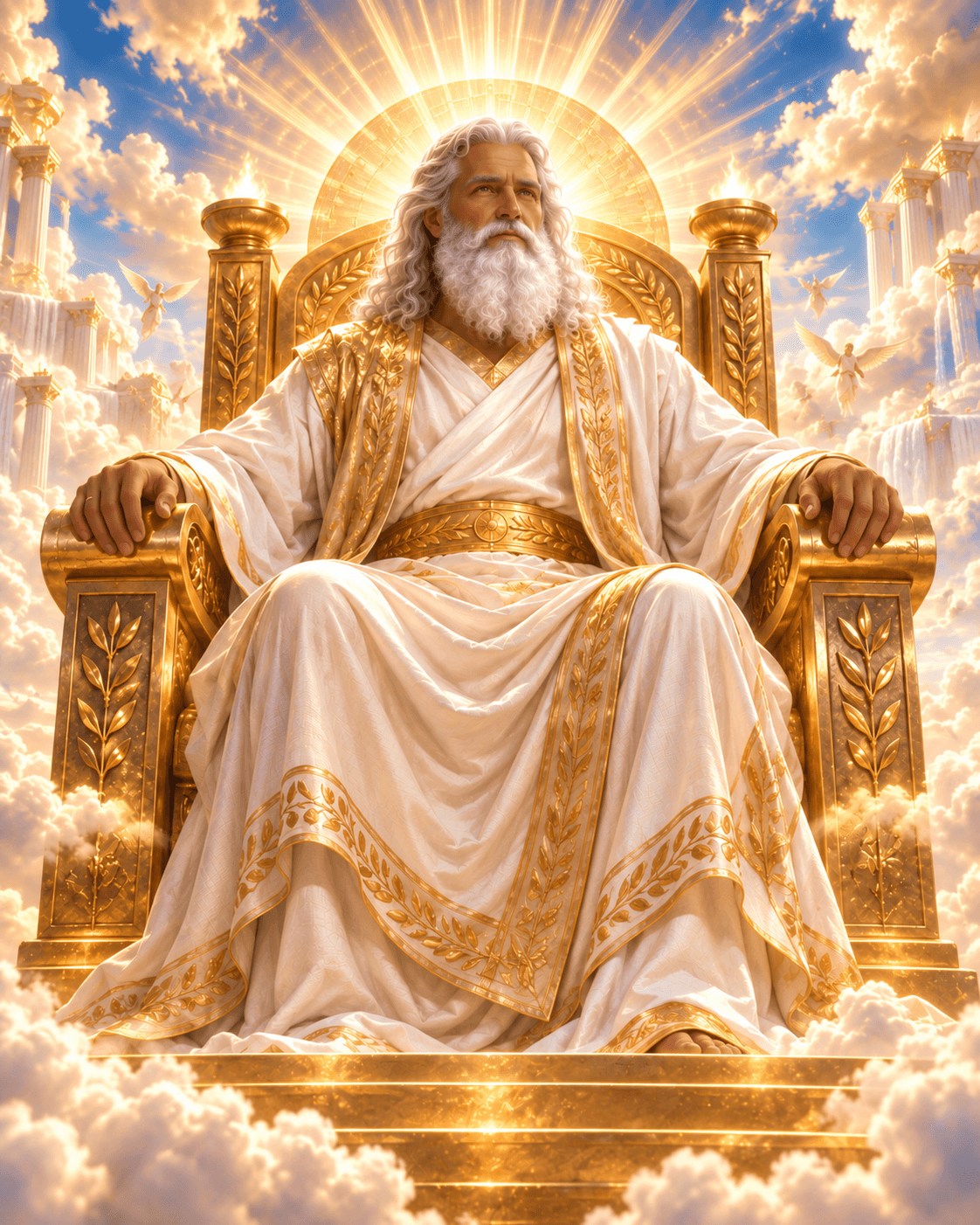 An artistic painting of God as a white-haired, white-bearded elder in white and gold robes, seated on a golden throne among clouds and light