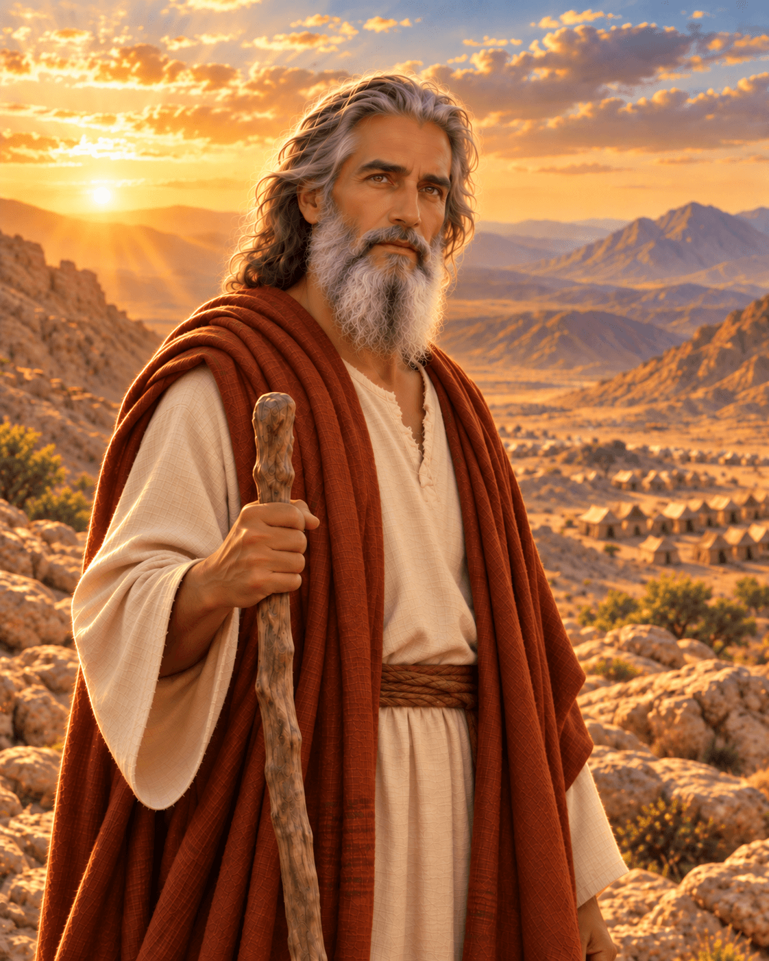 A painting of Moses, an older man with gray hair and beard, holding a wooden staff, in a cream tunic and red cloak above a desert valley at sunset