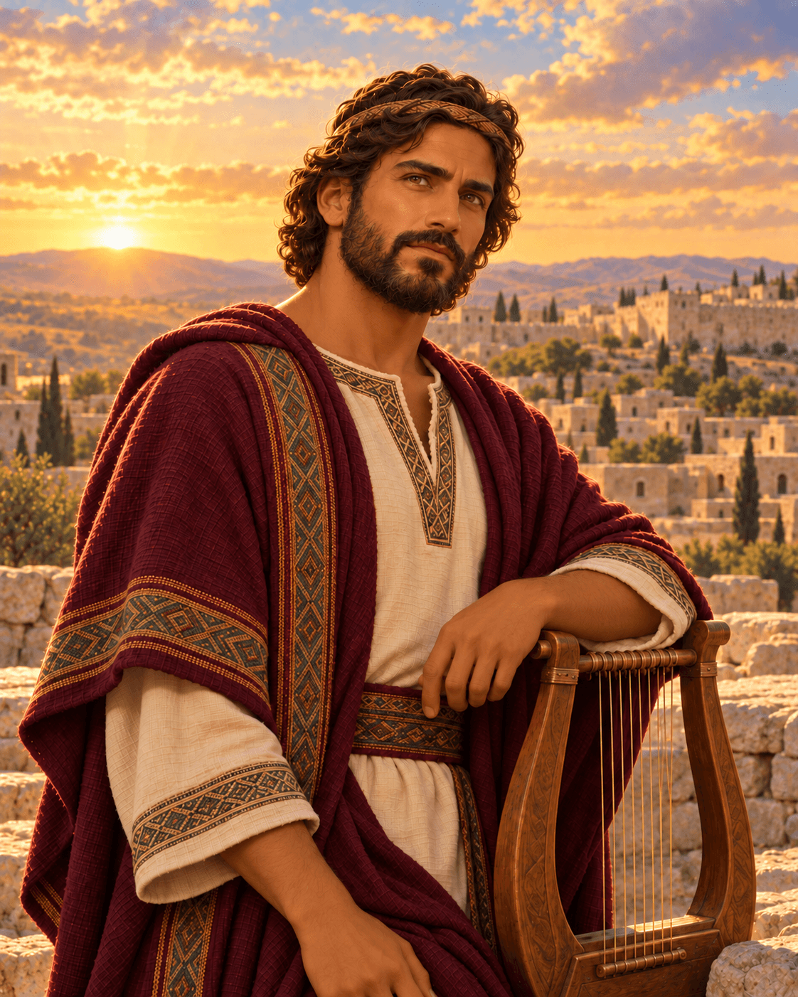 A painting of King David, a bearded man in a cream tunic and deep red cloak, resting his arm on a harp, with a walled city behind him