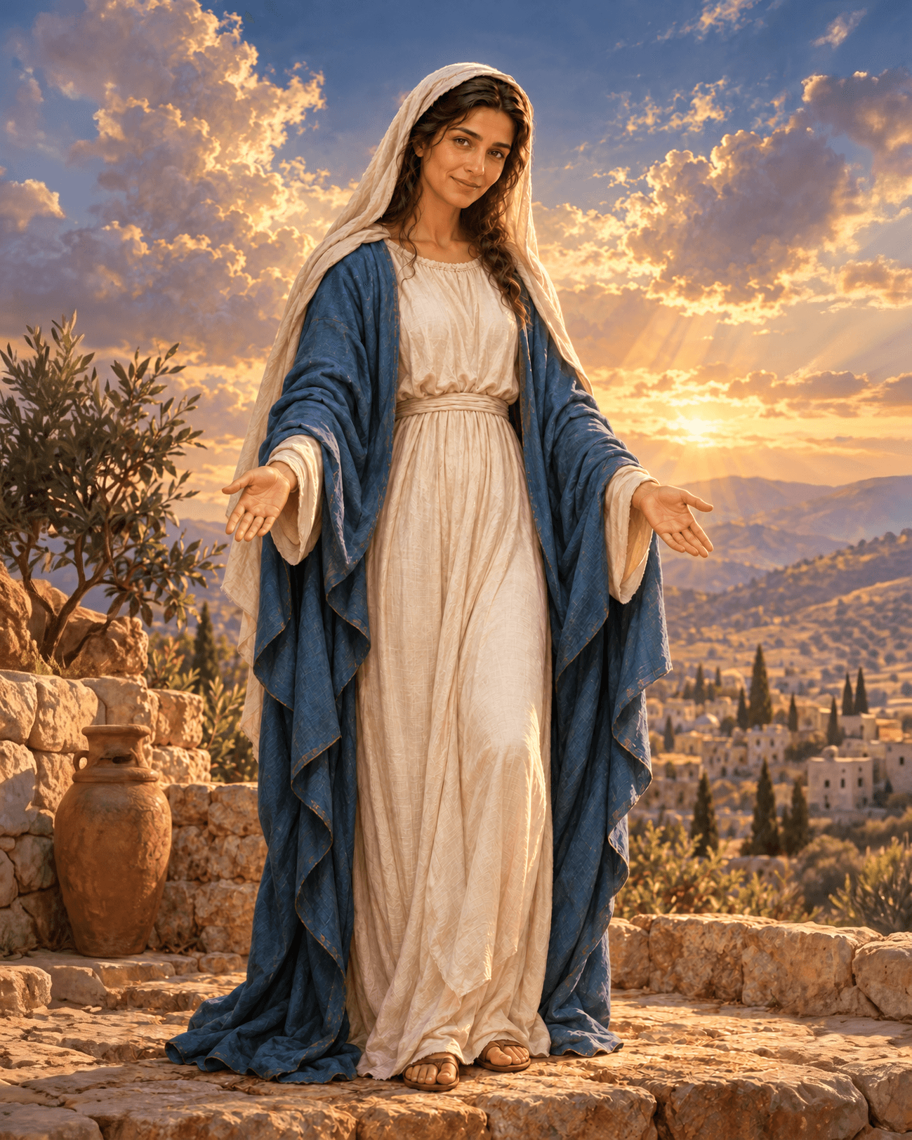 A painting of Mary, the mother of Jesus, a young woman in a white robe and blue mantle, standing with open hands on a stone path above a town
