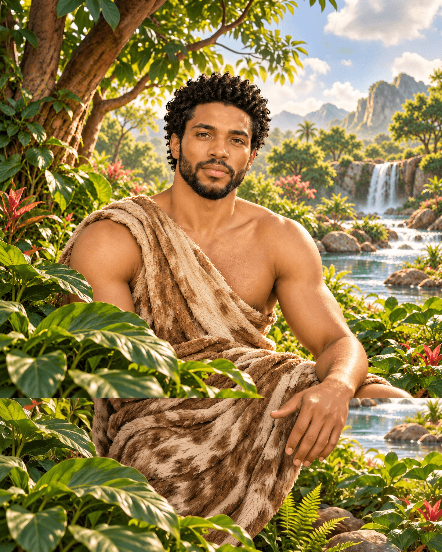 A painting of Adam, a man of African descent with short black curly hair and a beard, in a simple garment of animal skin, in a lush garden with a waterfall behind him