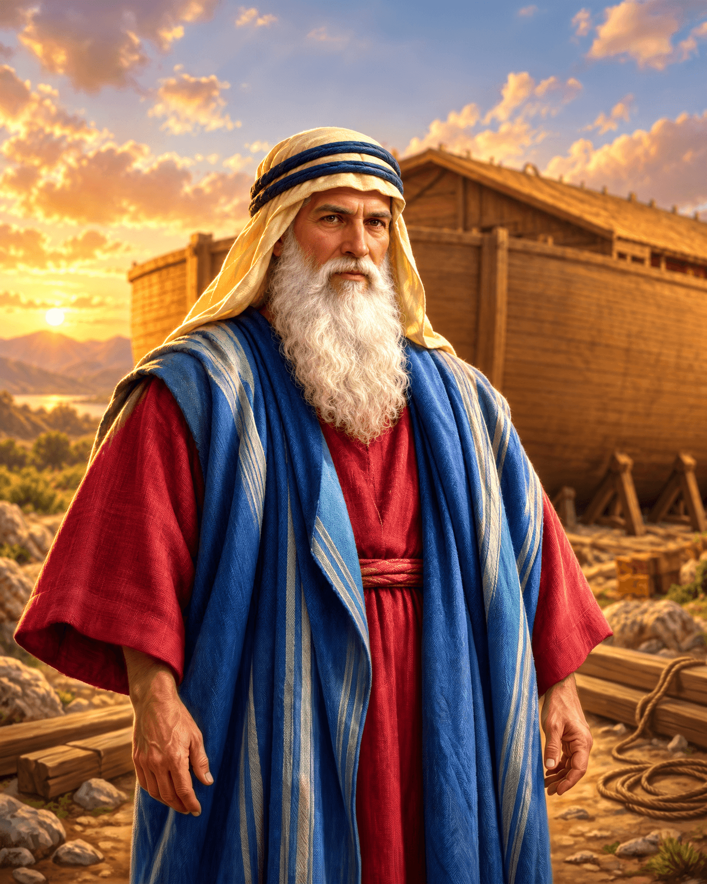 A painting of Noah, an old man with a long white beard in a striped head covering and a blue and red robe, with the wooden ark behind him at sunset