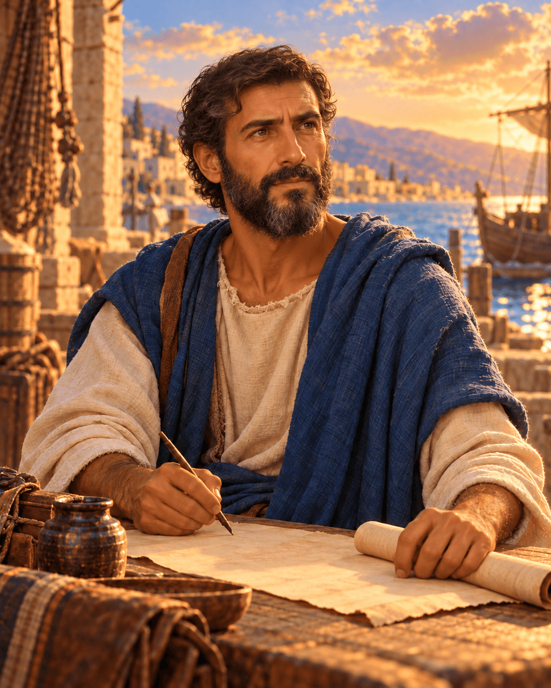 A painting of Paul, a dark-bearded man in a cream tunic and blue cloak, writing on parchment at a table near a harbor
