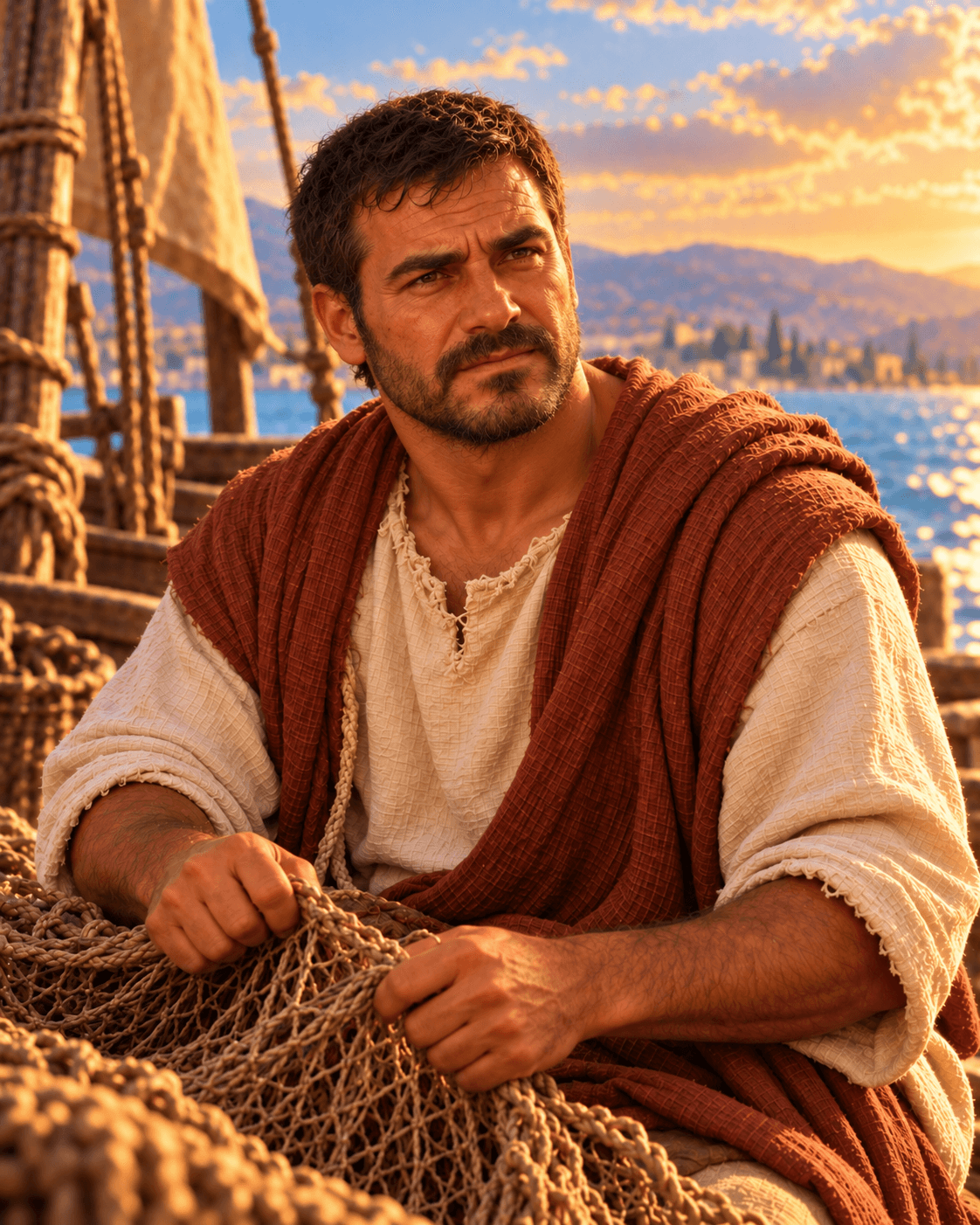 A painting of Peter, a dark-haired, dark-bearded man in a cream tunic and rust-red cloak, holding a fishing net on a boat by the sea
