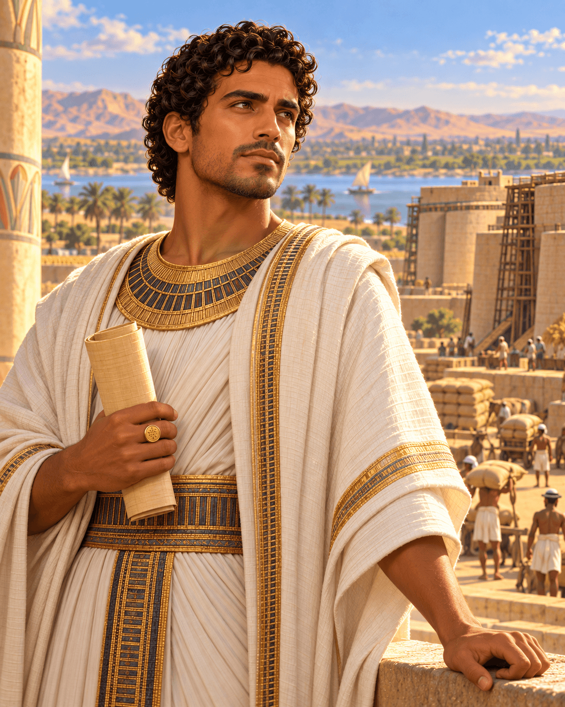 A painting of Joseph, son of Jacob, a young man with dark curly hair in white Egyptian linen and a gold collar, holding a scroll, with grain stores and a river behind him