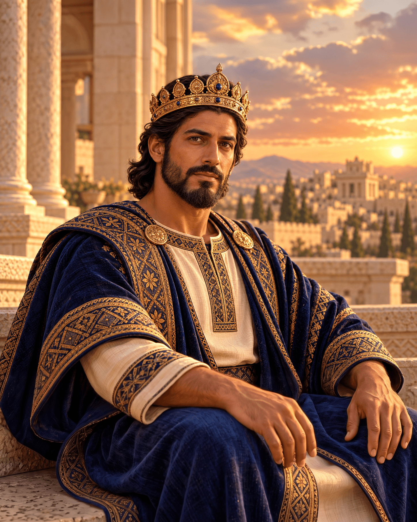 A painting of King Solomon, a man with dark wavy hair and a dark beard, wearing a gold crown and a navy-blue robe embroidered in gold over a cream tunic, with stone columns and a city at sunset behind him