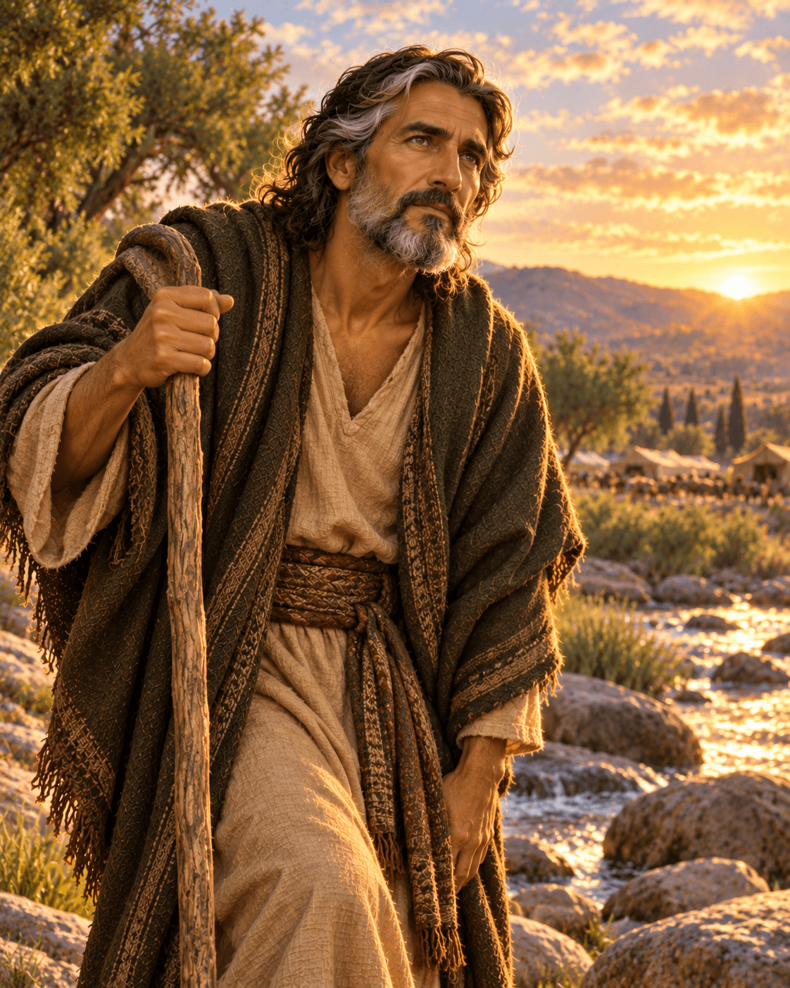 A painting of Jacob, an older man with dark hair streaked with silver, leaning on a staff beside a river at dawn
