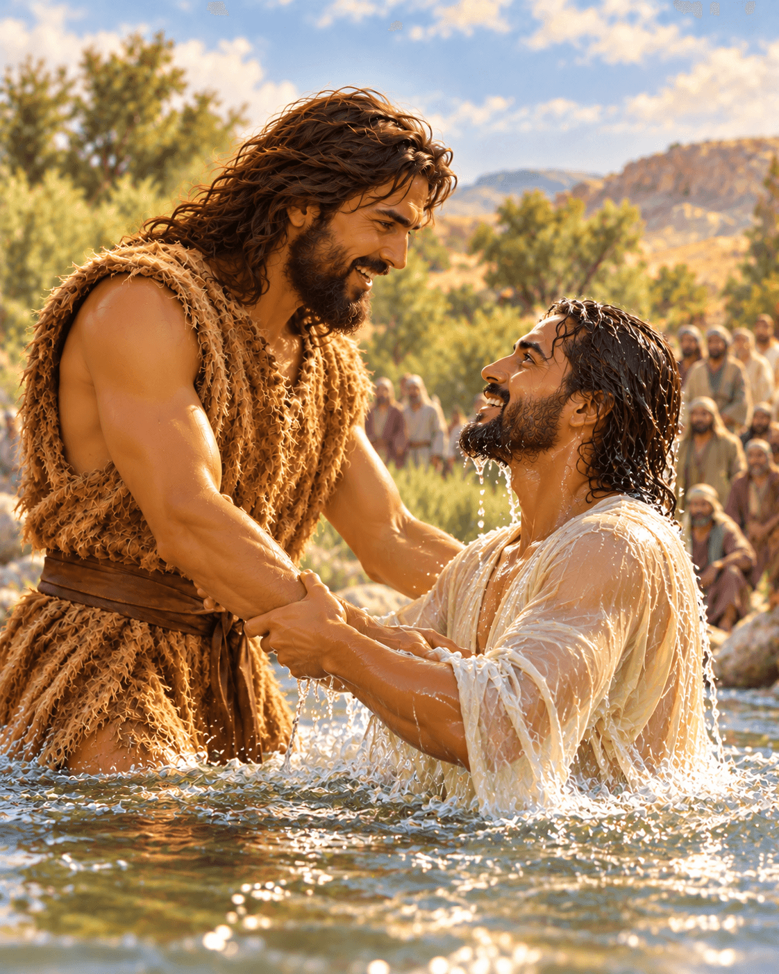 A painting of John the Baptist, a bearded man in a garment of camel's hair, standing in a river and baptizing a man while a crowd watches from the bank