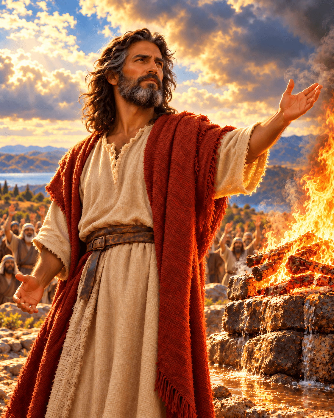 A painting of Elijah, a bearded man in a cream tunic and red cloak, raising his hand beside a stone altar burning with fire as a crowd watches