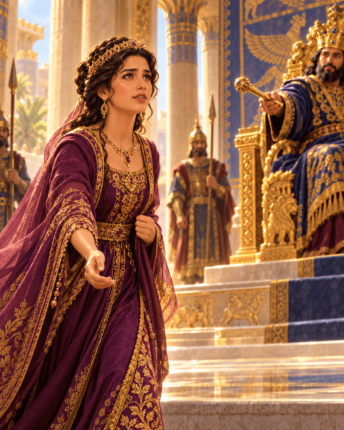 A painting of Queen Esther in a purple and gold gown, standing before a king who holds out a golden scepter from his throne