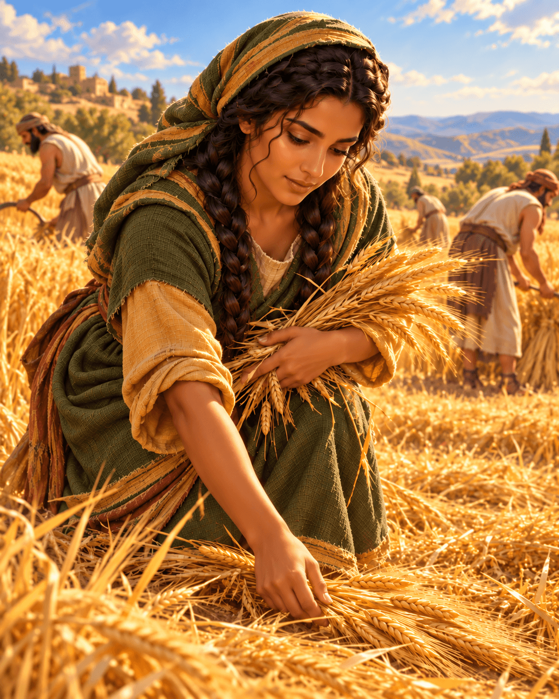 A painting of Ruth, a young woman in a green dress and head covering, gathering sheaves of grain in a field while harvesters work nearby