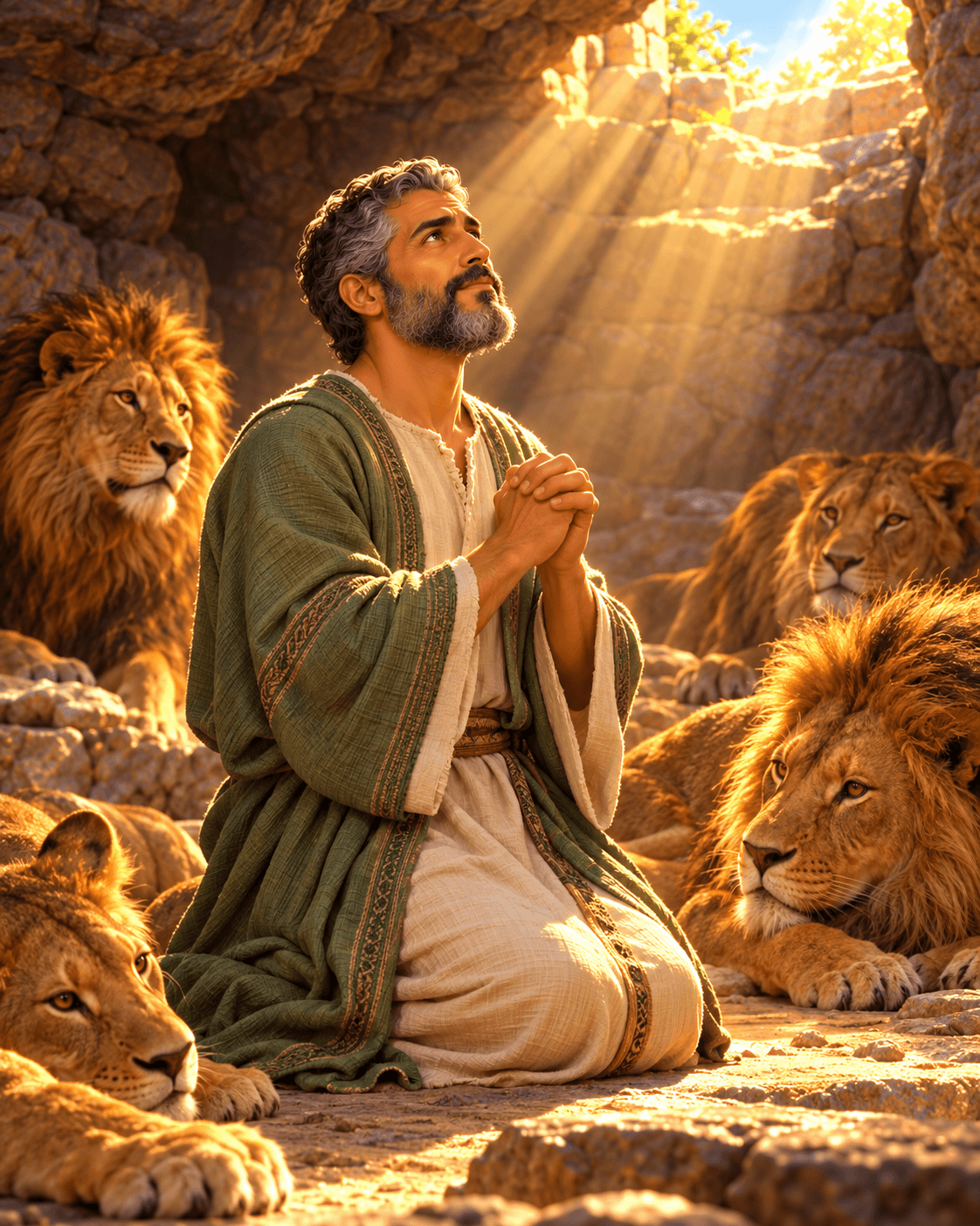 A painting of Daniel, a gray-haired man in a green robe, kneeling in prayer among lions in a den, with light shining in from above