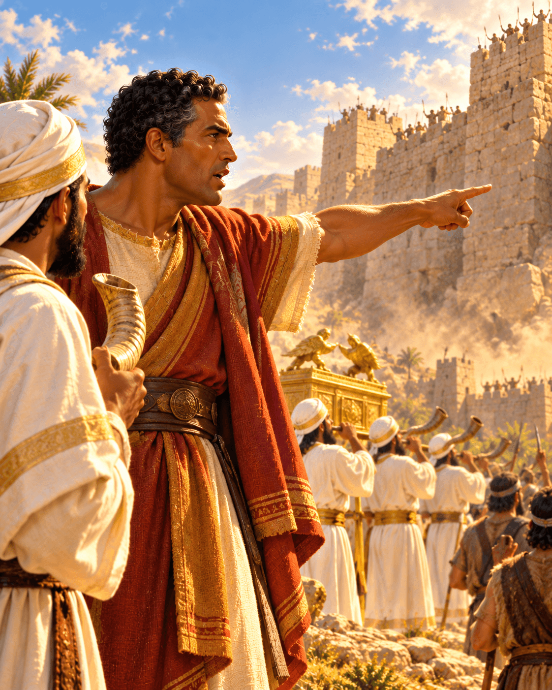 A painting of Joshua, a dark-haired man in a red cloak, pointing toward the stone walls of a city while priests with trumpets and the ark stand nearby