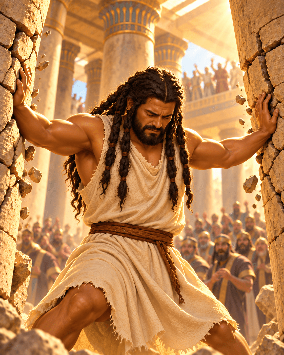 A painting of Samson, a powerful man with long dark braided hair, pushing against the stone pillars of a crowded temple