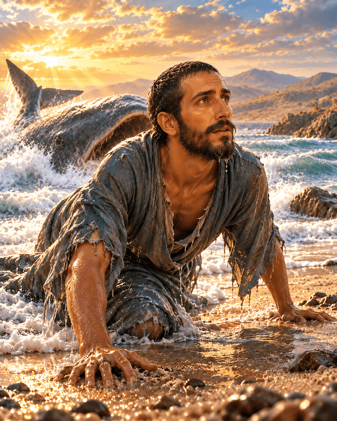 A painting of Jonah, a bearded man in a torn tunic, crawling onto the shore from the surf, with a great fish in the waves behind him