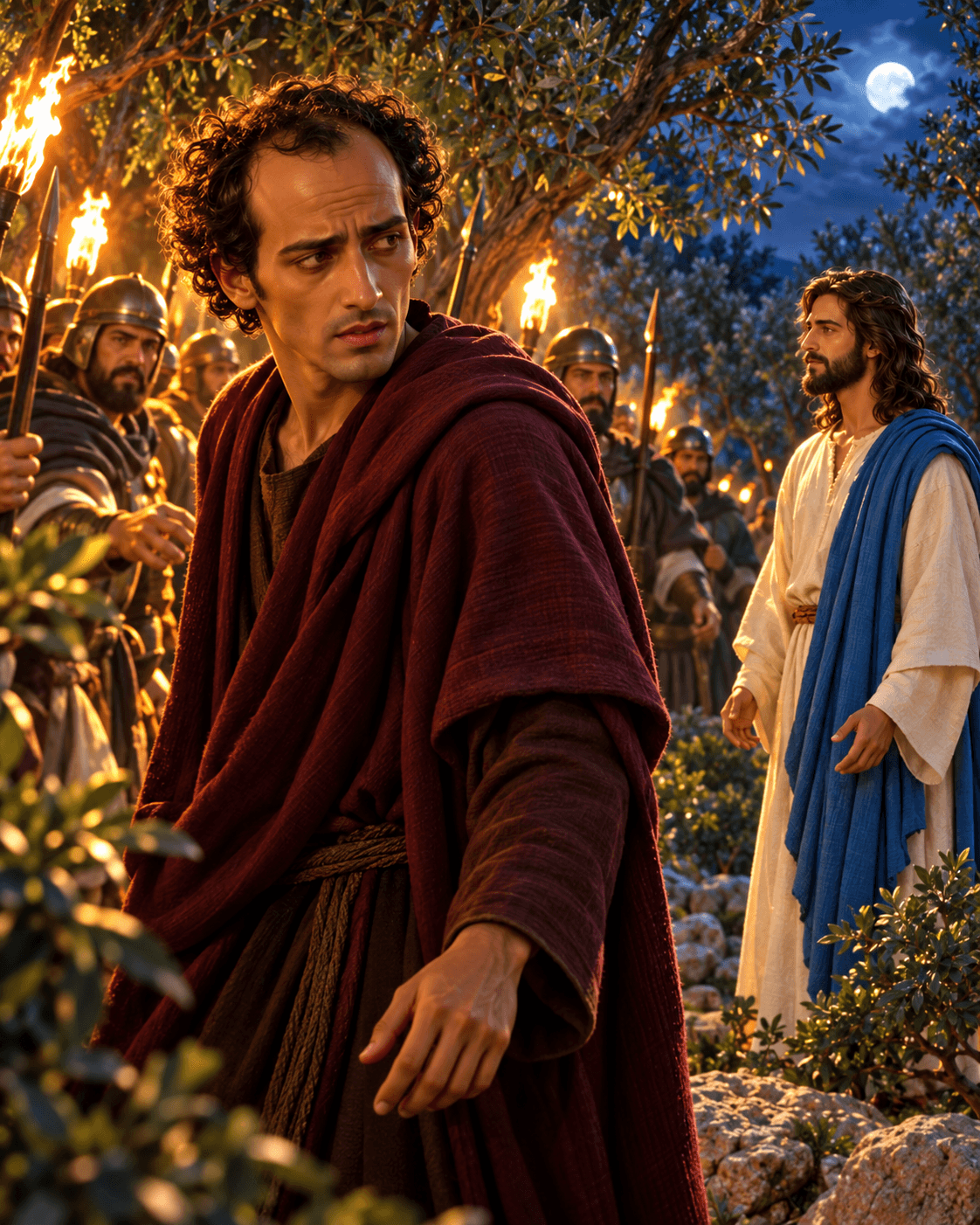 A painting of Judas Iscariot in a dark red cloak at night, among soldiers carrying torches, with Jesus standing nearby