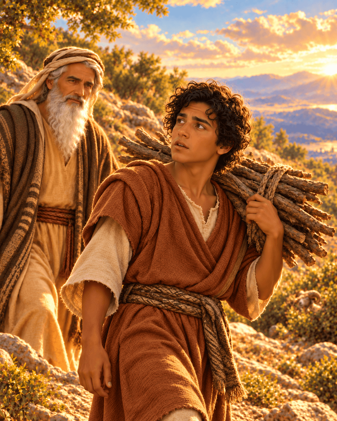 A painting of young Isaac carrying a bundle of wood on his back up a rocky hill, beside his father Abraham