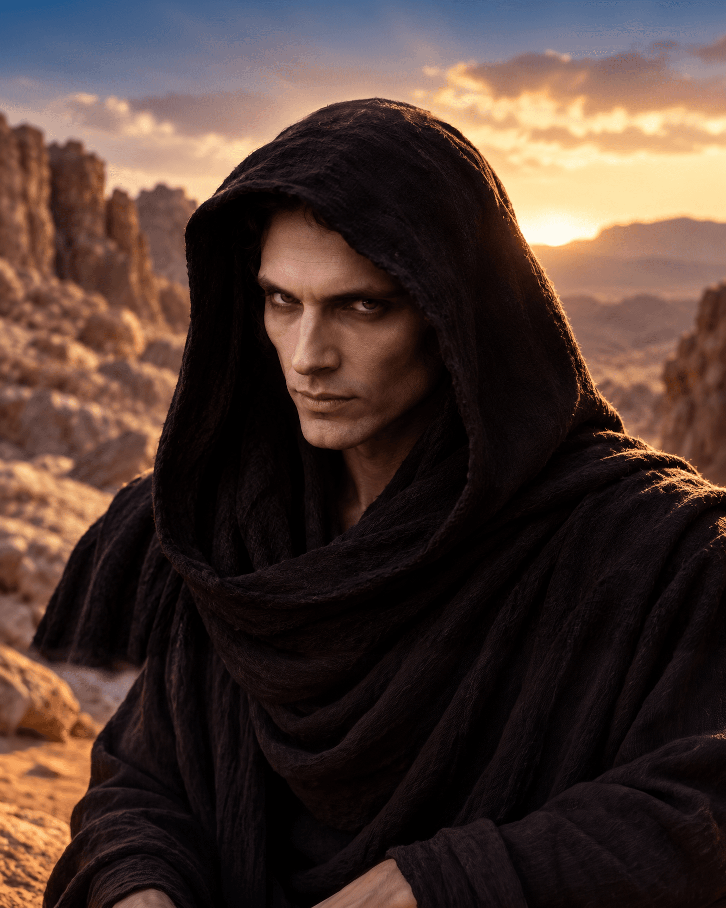 An artistic painting of Satan as a pale man in a dark hooded cloak with an intense stare, the sun low over a desert canyon behind him