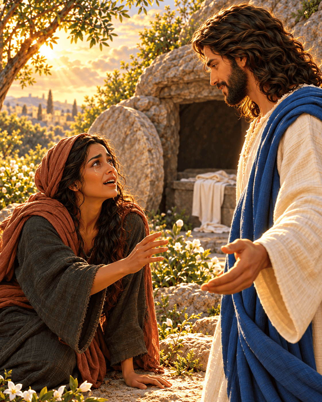 A painting of Mary Magdalene kneeling in a garden before the risen Jesus, with an open tomb behind them