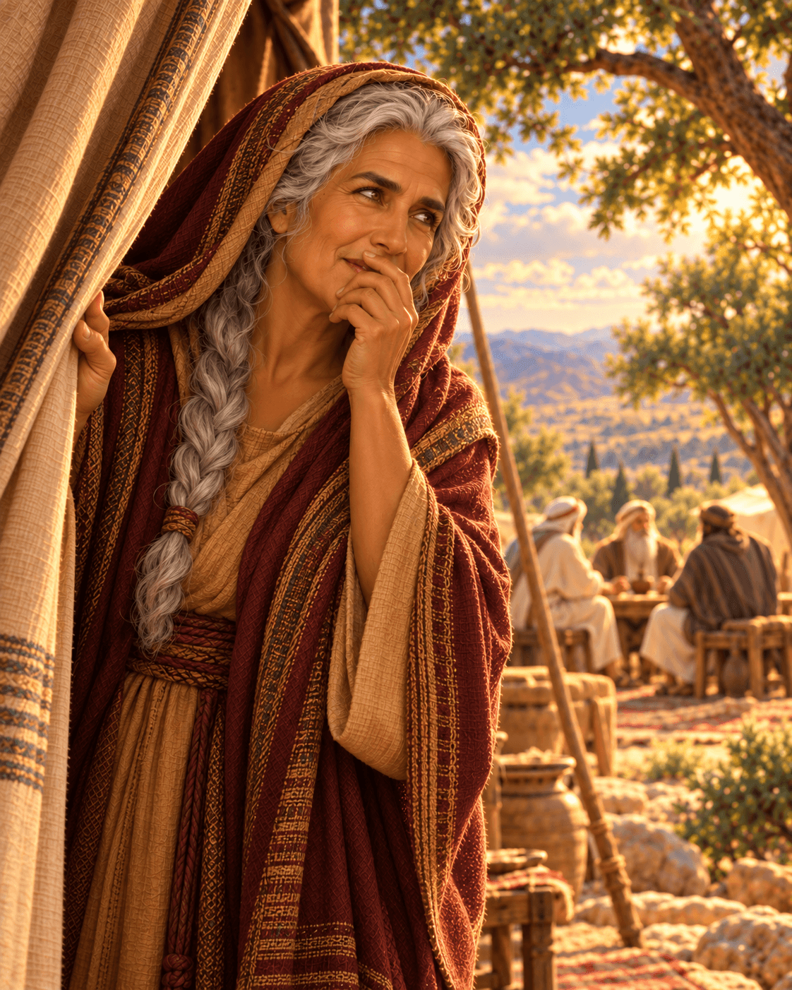 A painting of Sarah, an older woman with long gray braided hair and a head covering, smiling behind her hand at the entrance of a tent