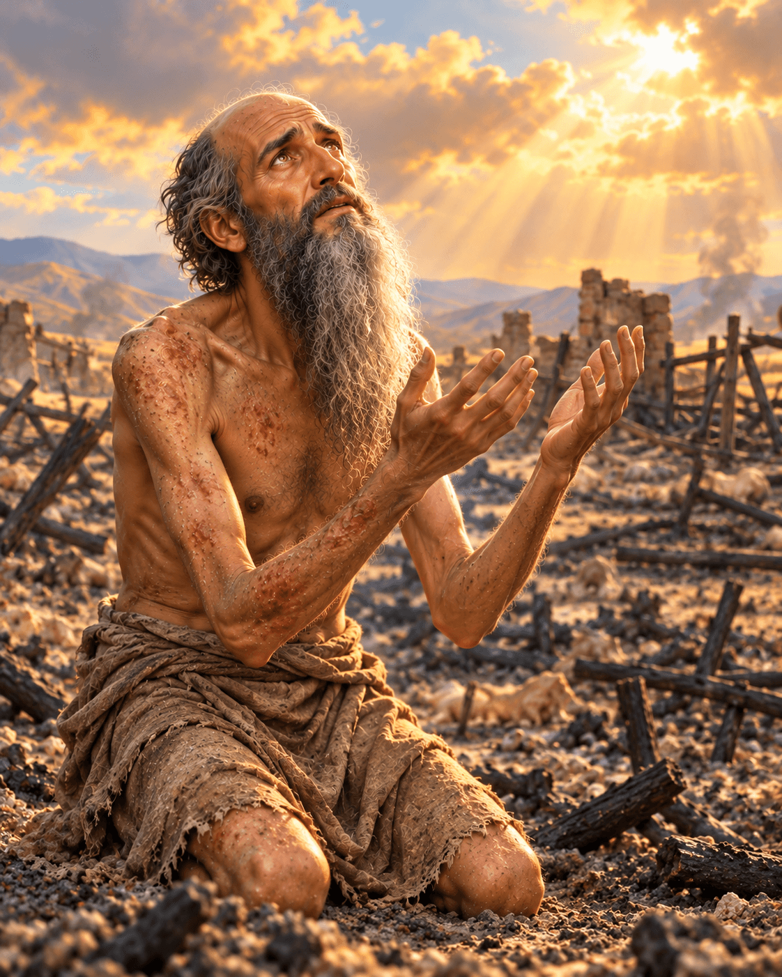 A painting of Job, a thin, older, balding man with sores on his skin, kneeling among ashes and ruins and lifting his hands toward the sky