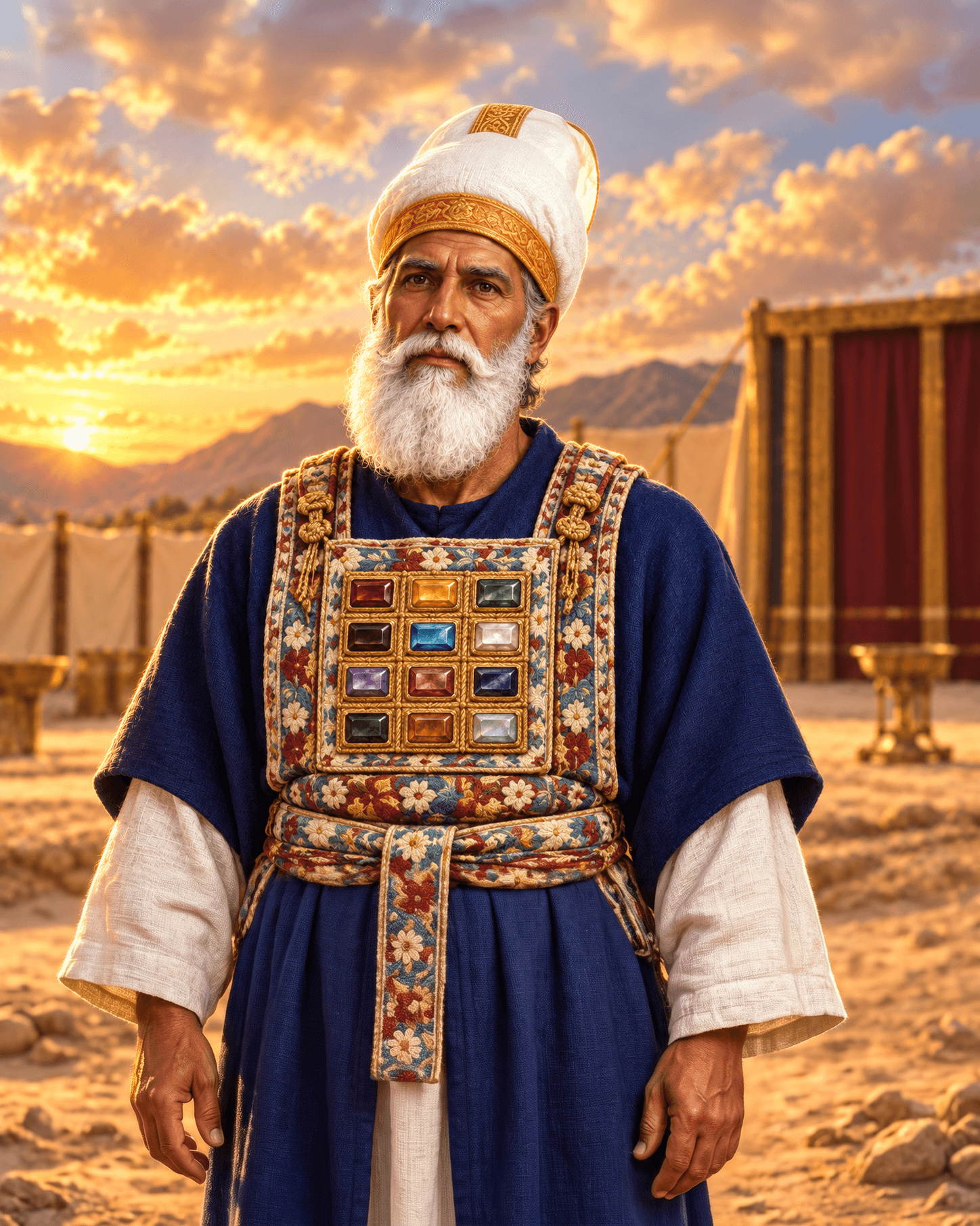 A painting of Aaron, an elderly man with a long white beard, in a white turban and the high priest's breastpiece set with twelve stones, with the tabernacle tent behind him