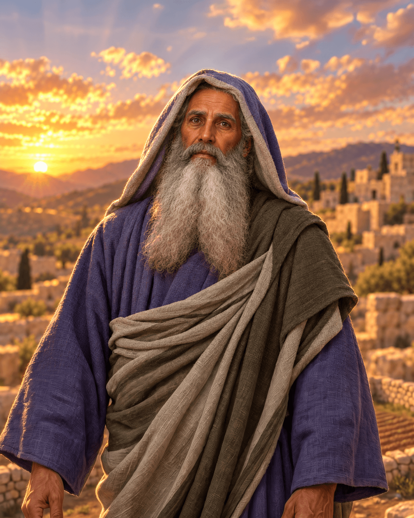 A painting of Samuel, an old man with a long gray beard under a dark blue hooded mantle, a hill town of stone houses behind him at sunset
