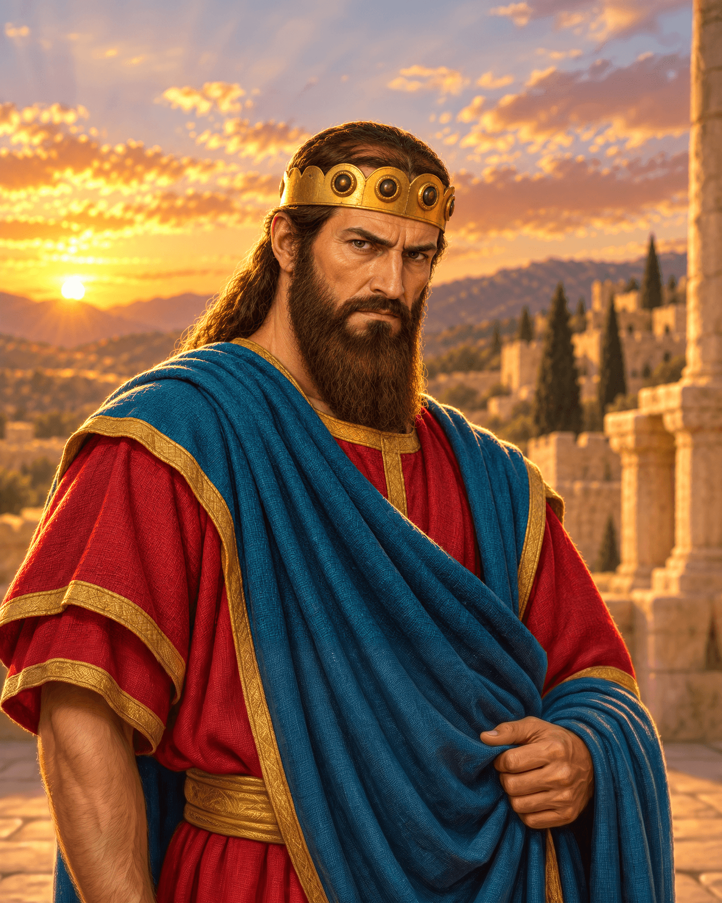 A painting of King Saul, a tall man with long dark hair and a full beard, wearing a gold crown and a blue cloak over a red robe, beside a stone fortress