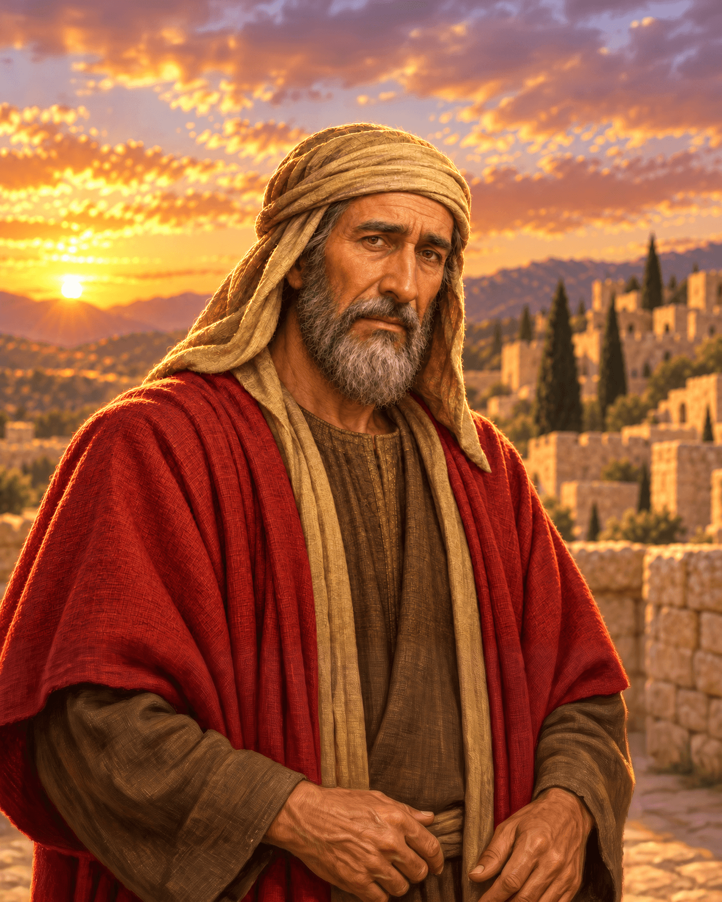 A painting of Jeremiah, a gray-bearded man in a tan head covering and a red cloak, with the hills and stone houses of Judah behind him at sunset