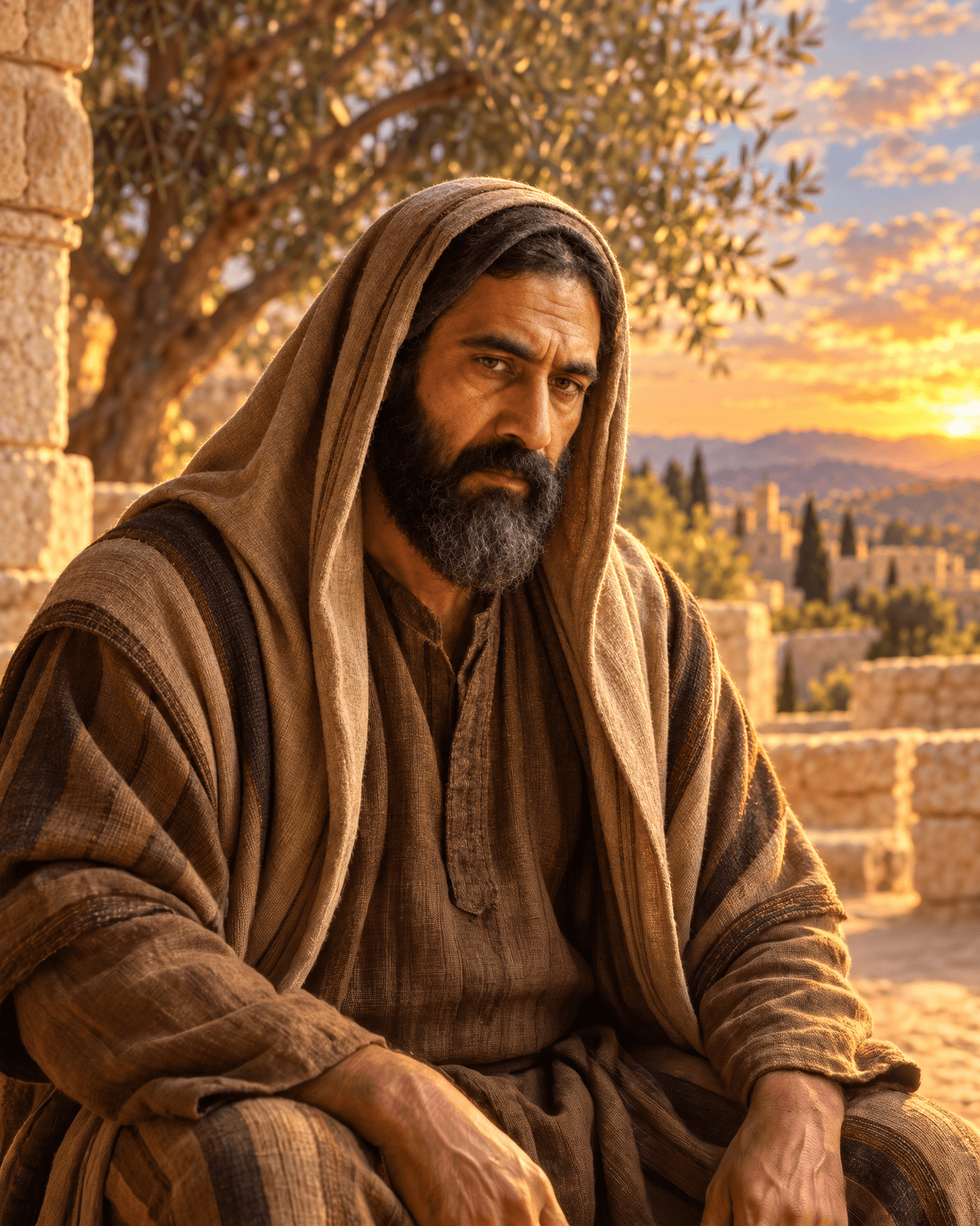A painting of Isaiah, a man with a dark beard streaked with gray under a brown hooded mantle, with olive trees and a stone town behind him