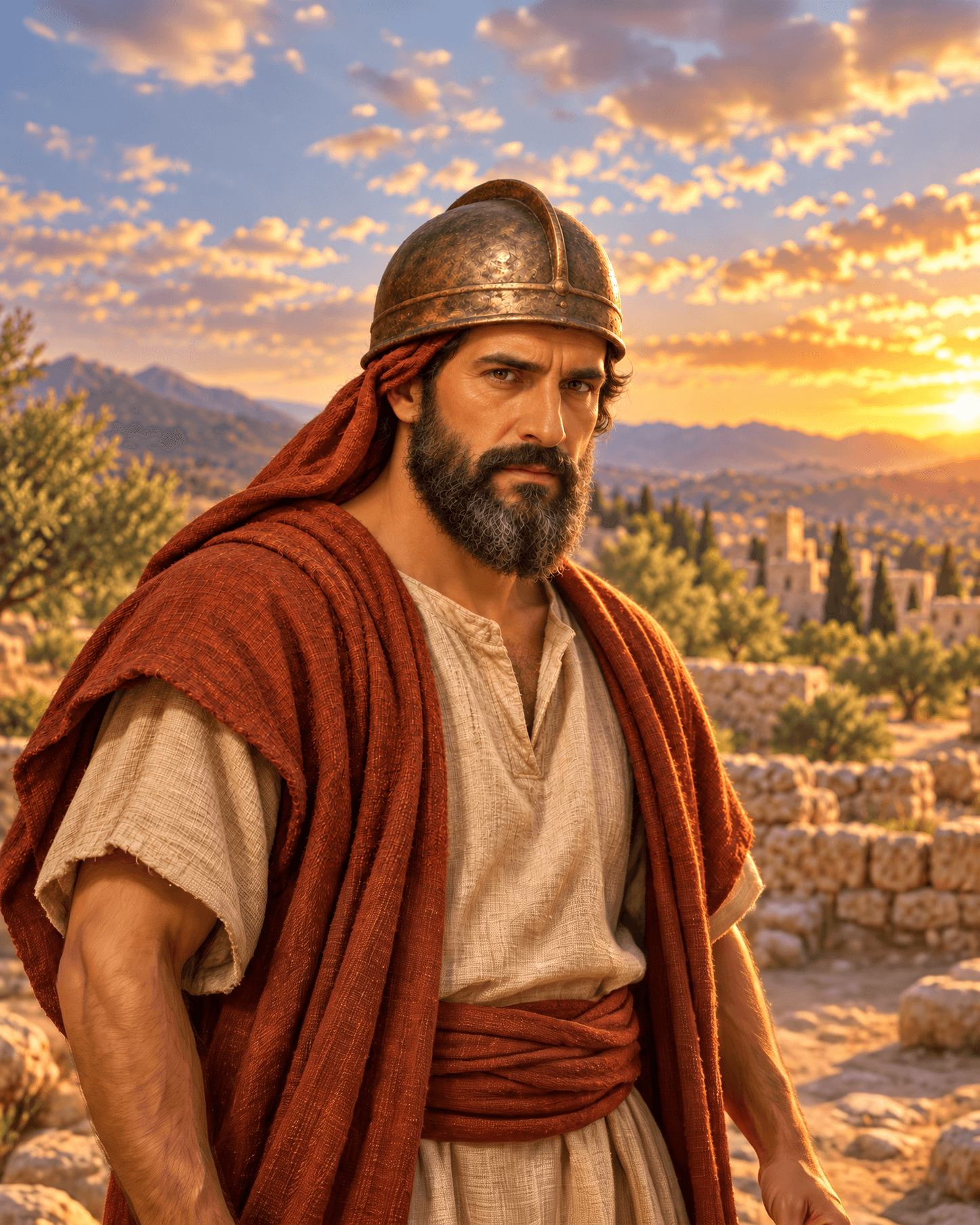 A painting of Gideon, a bearded man in a bronze helmet and a red cloak over a cream tunic, with olive groves and hills behind him