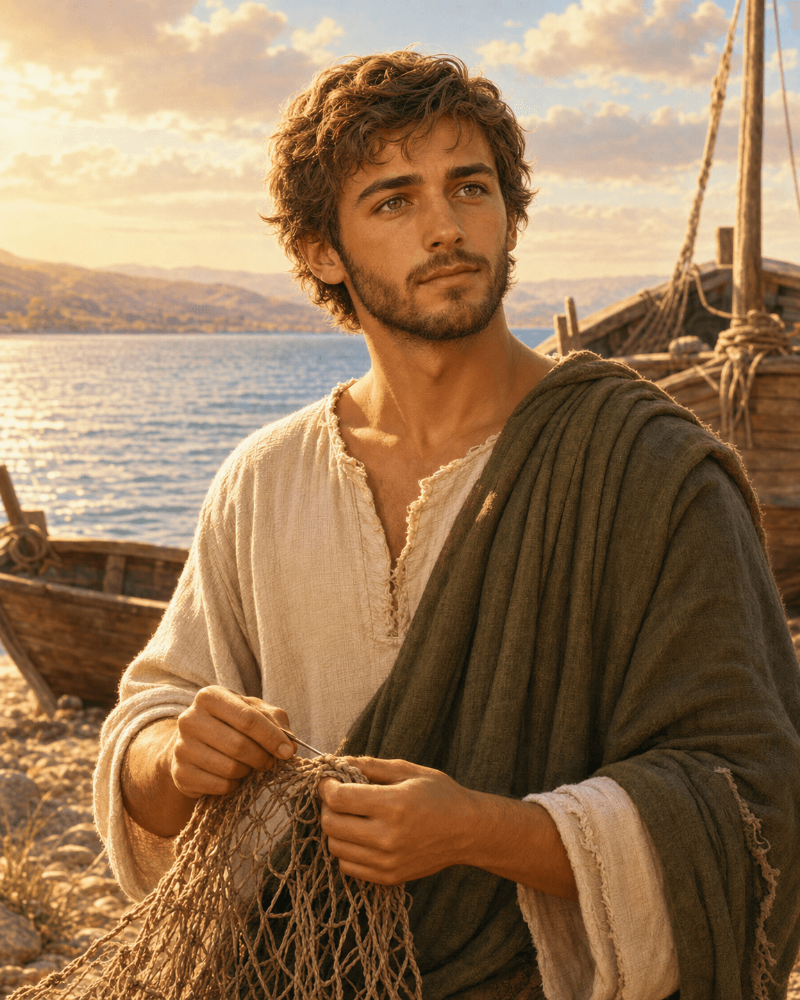 A painting of John the apostle, a young man with light-brown wavy hair and a thin beard, in a cream tunic and olive-green cloak, holding a fishing net by the Sea of Galilee