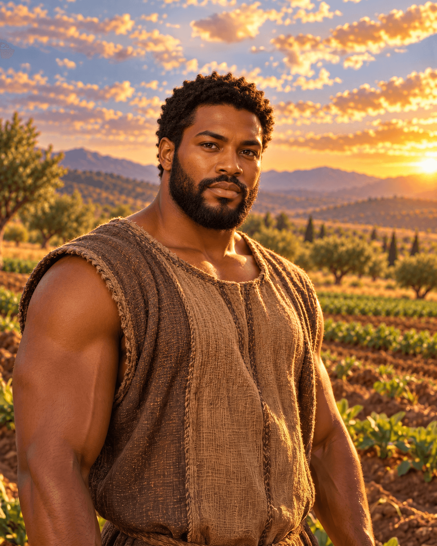 A painting of Cain, a man of African descent with short black hair and a full beard, in a sleeveless brown tunic, standing before his planted fields