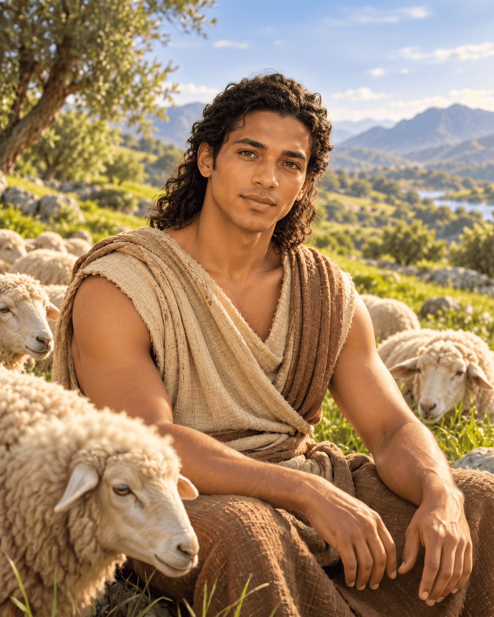 A painting of Abel, a young man with long dark curly hair in a simple tan cloth, sitting among his sheep on a green hillside