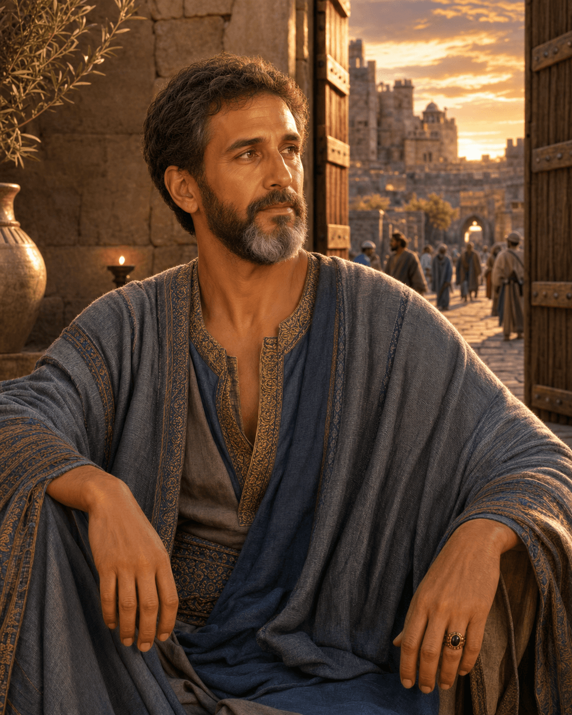 A painting of Lot, a man with dark curly hair graying at the temples and a dark beard, in a blue-gray cloak with gold embroidery, sitting by a city gate at sunset