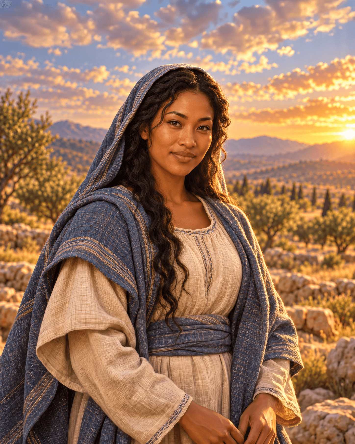 A painting of Rachel, a young woman with long dark wavy hair under a blue head covering, smiling, with olive trees and hills behind her