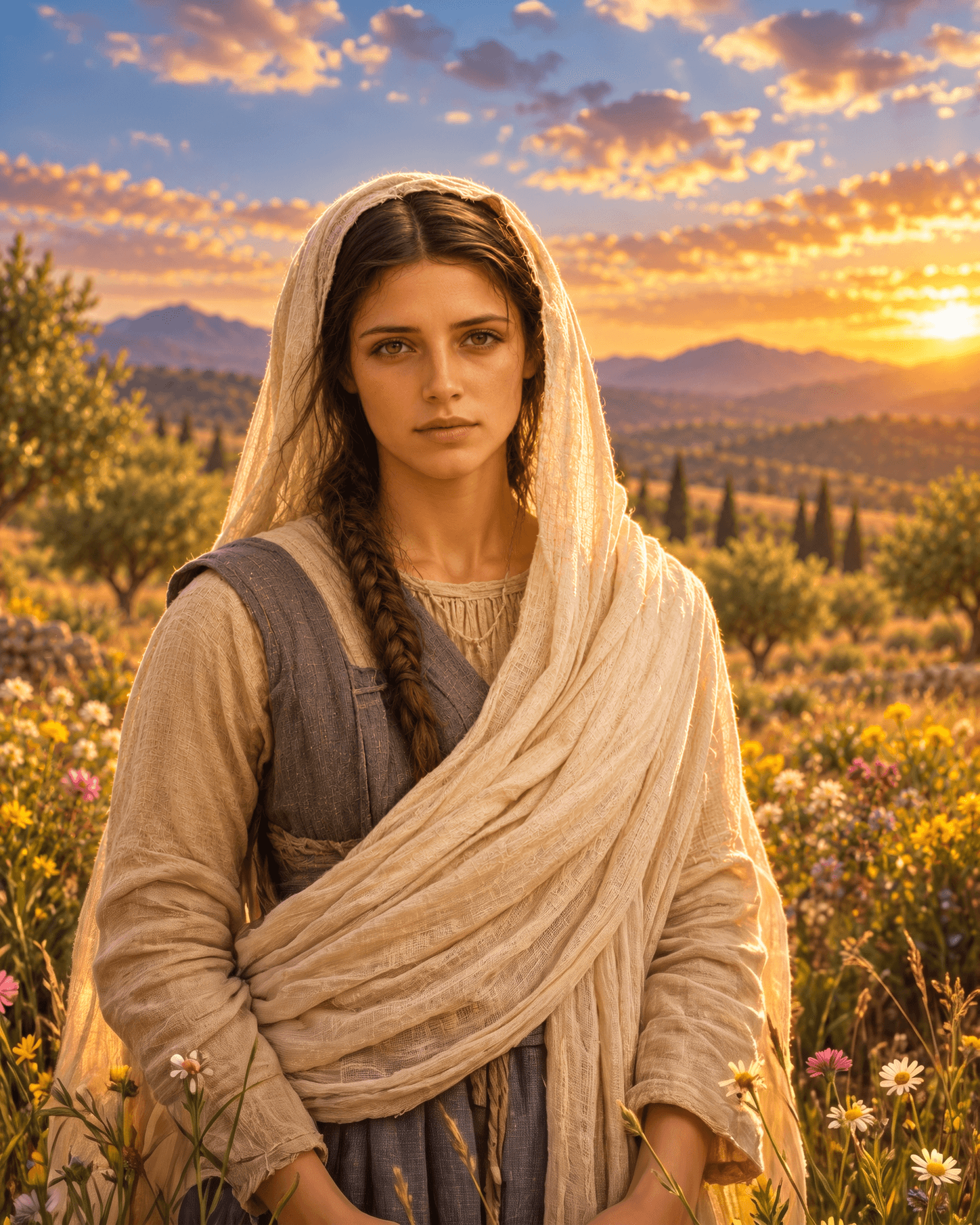 A painting of Leah, a young woman with a long dark braid under a cream head covering, with flowering hills behind her at sunset