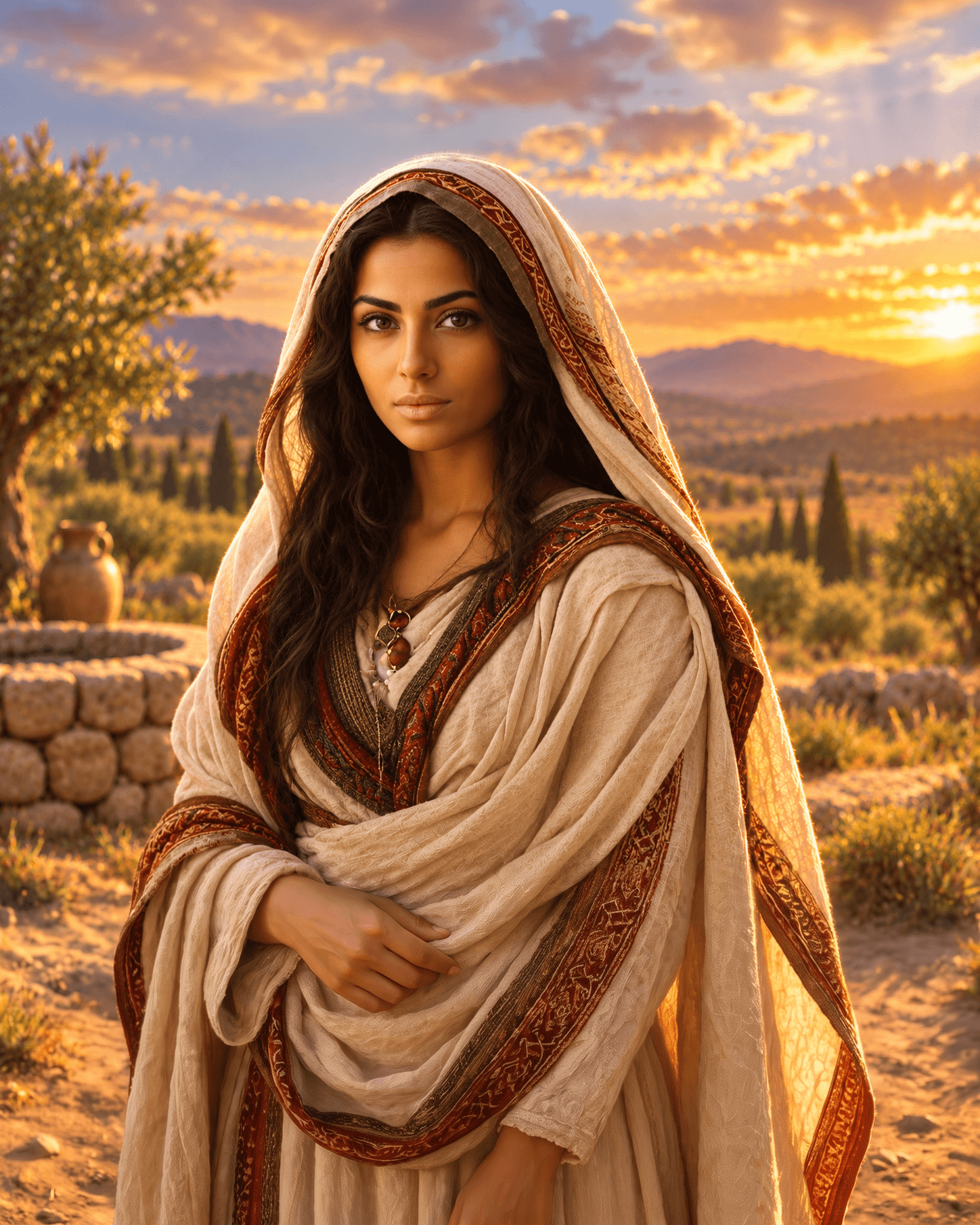 A painting of Rebekah, a young woman with long dark hair under a cream veil, beside a stone well with a water jar