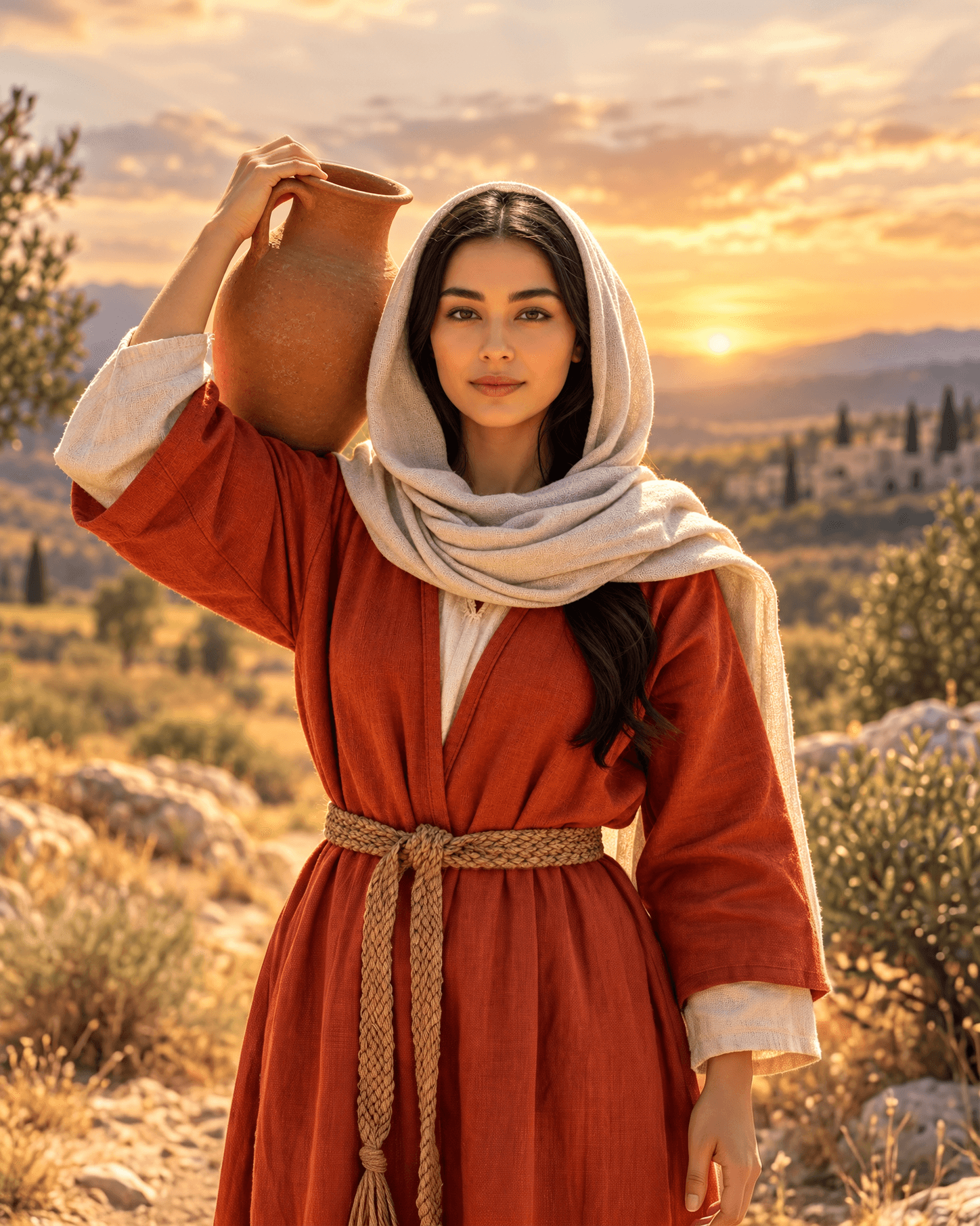A painting of Miriam, a young woman in a white head covering and a red dress, carrying a clay water jar on her shoulder