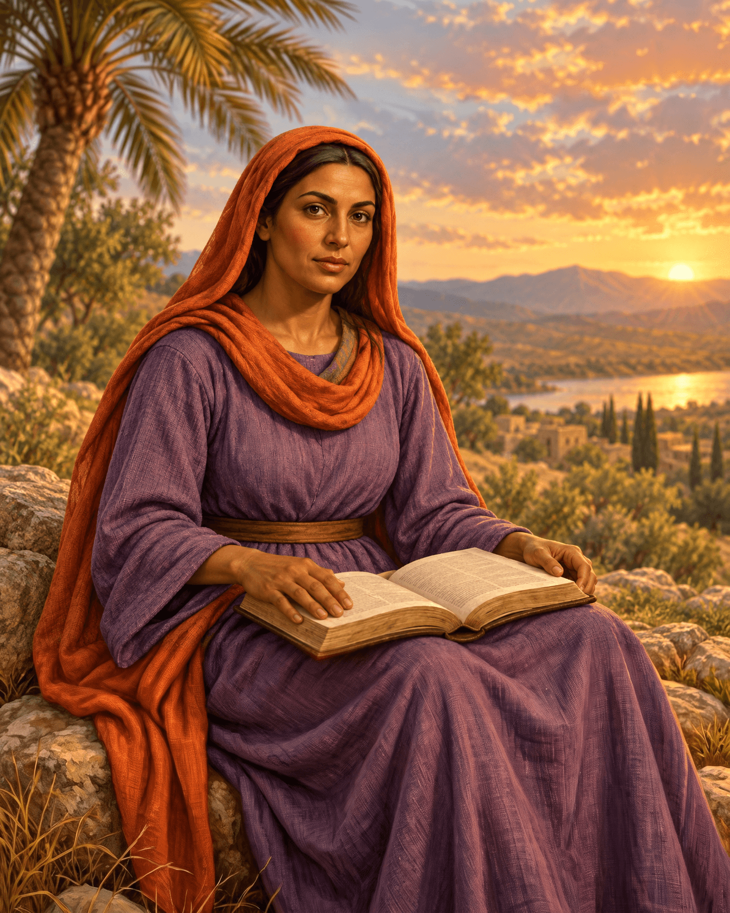 A painting of Deborah, a woman in an orange head covering and a purple robe, seated beneath a palm tree with an open book on her lap