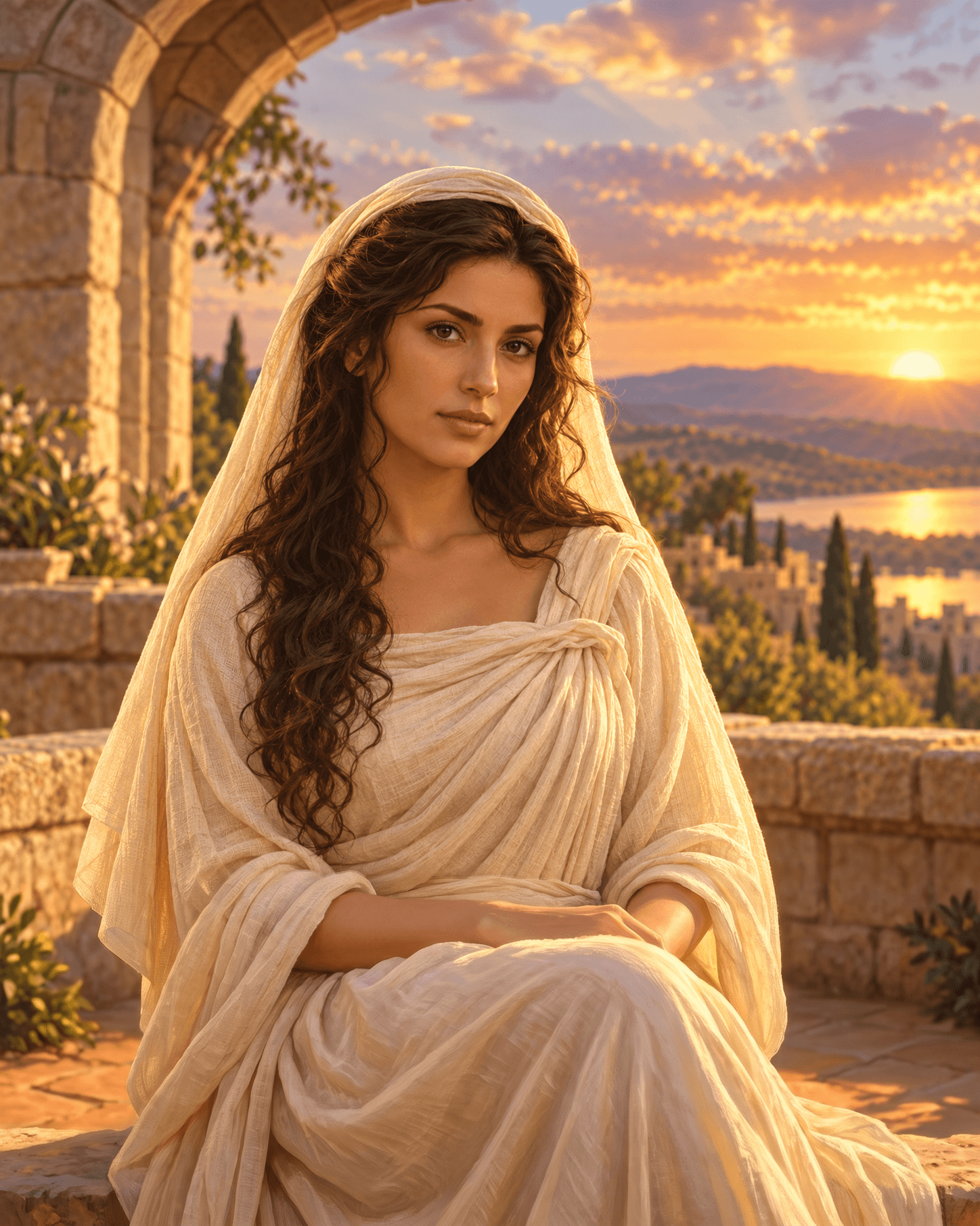 A painting of Bathsheba, a young woman with long dark curly hair under a cream veil, with stone columns and hills behind her