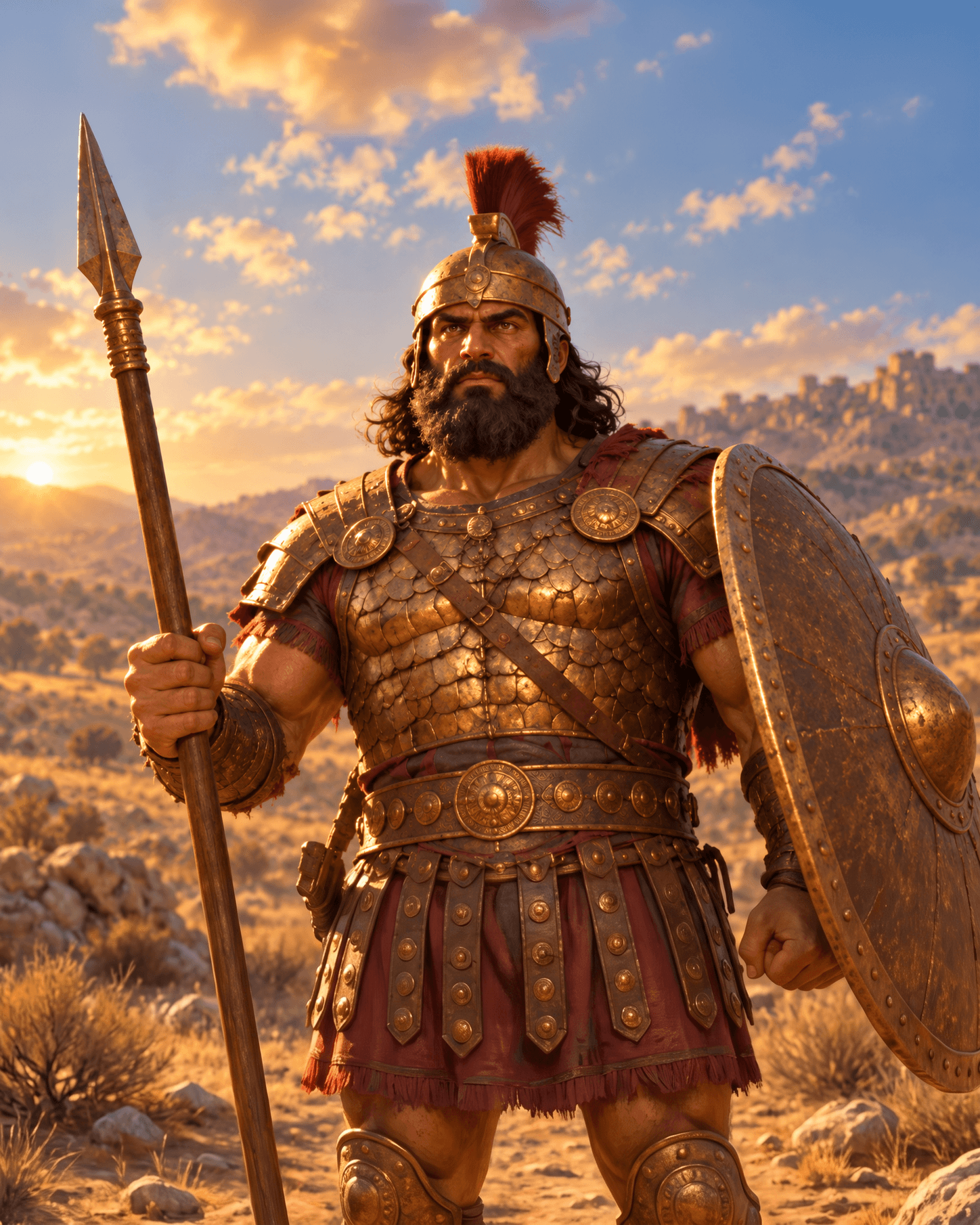 A painting of Goliath, a huge bearded warrior in bronze scale armor and a crested bronze helmet, holding a spear and a large round shield