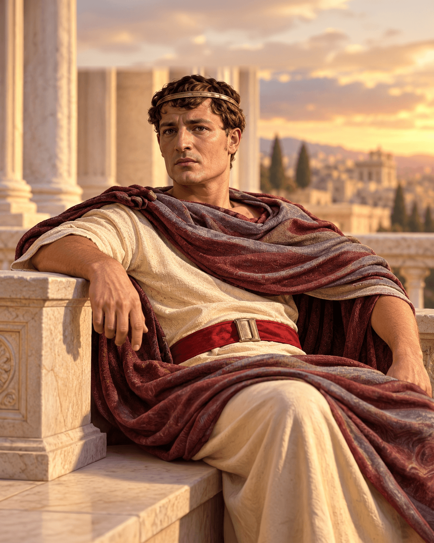 A painting of Pontius Pilate, a clean-shaven man with short dark hair and a laurel wreath, seated in a cream tunic and a plum cloak among marble columns
