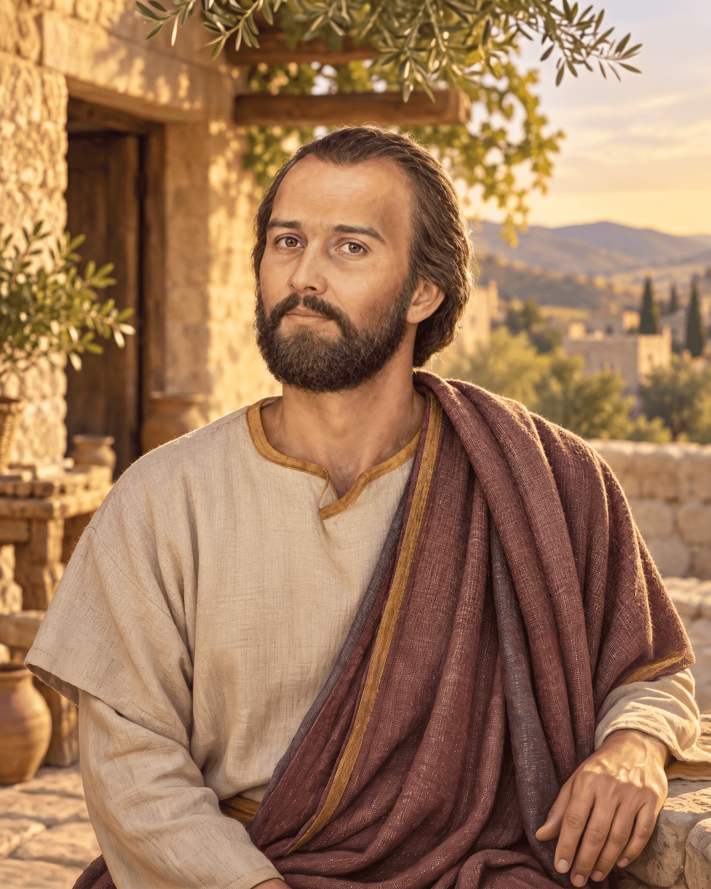 A painting of Joseph, Mary's husband, a man with dark hair and a short beard in a cream tunic and a brown mantle, beside a stone house
