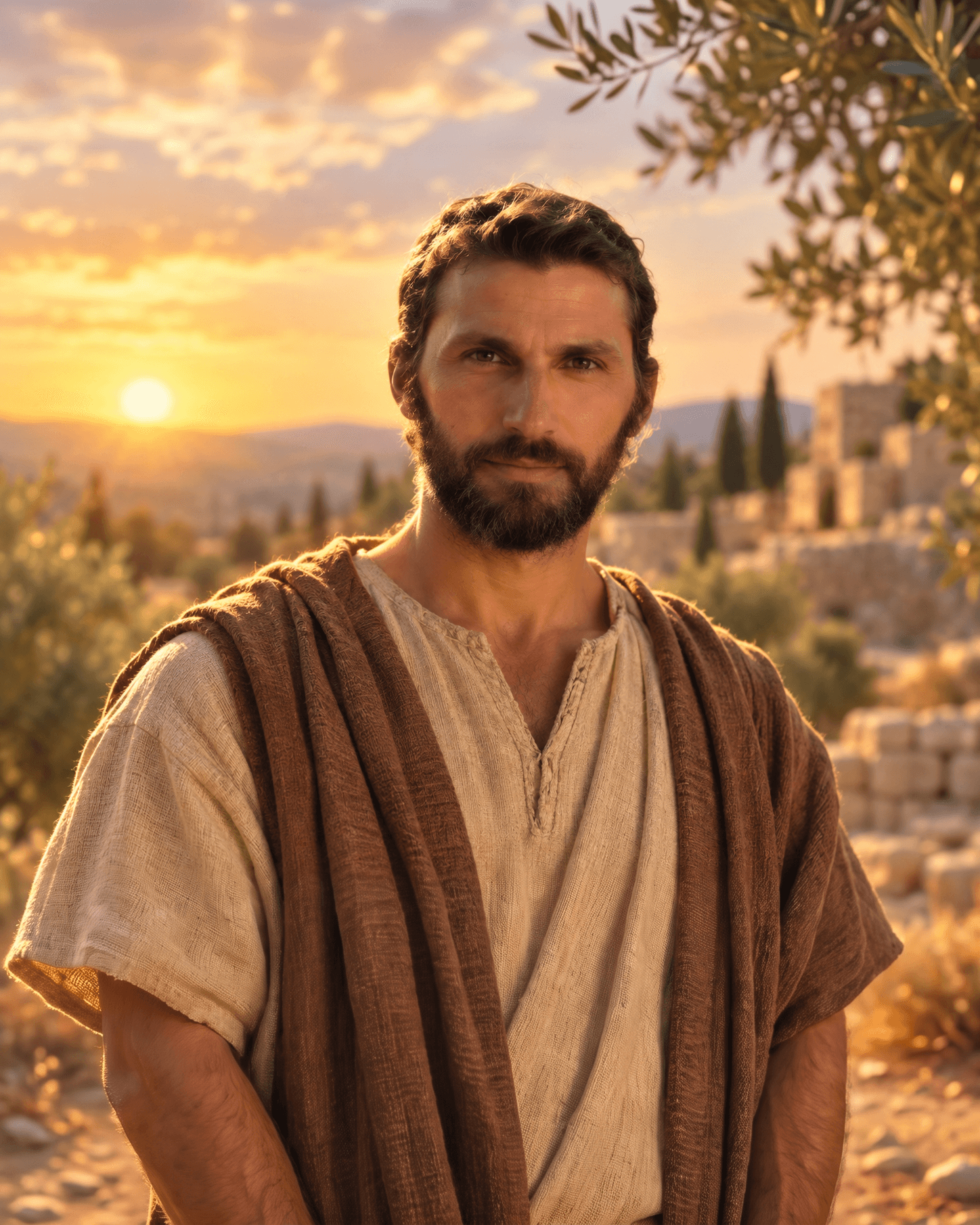 A painting of Lazarus, a man with short dark hair and a beard in a cream tunic and a brown mantle, with a village of stone houses behind him