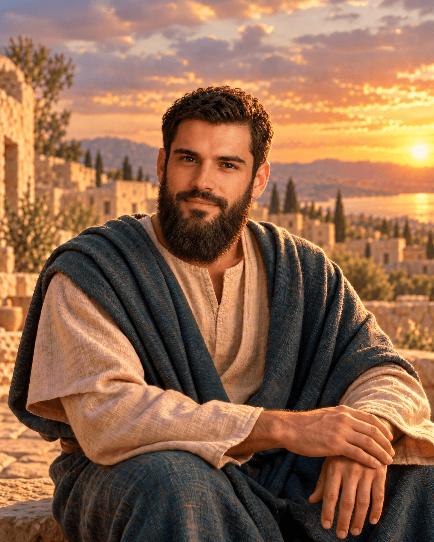 A painting of Thomas the Apostle, a man with short dark curly hair and a full dark beard, in a cream tunic and a dark teal-blue cloak, with a stone town and the sea at sunset behind him