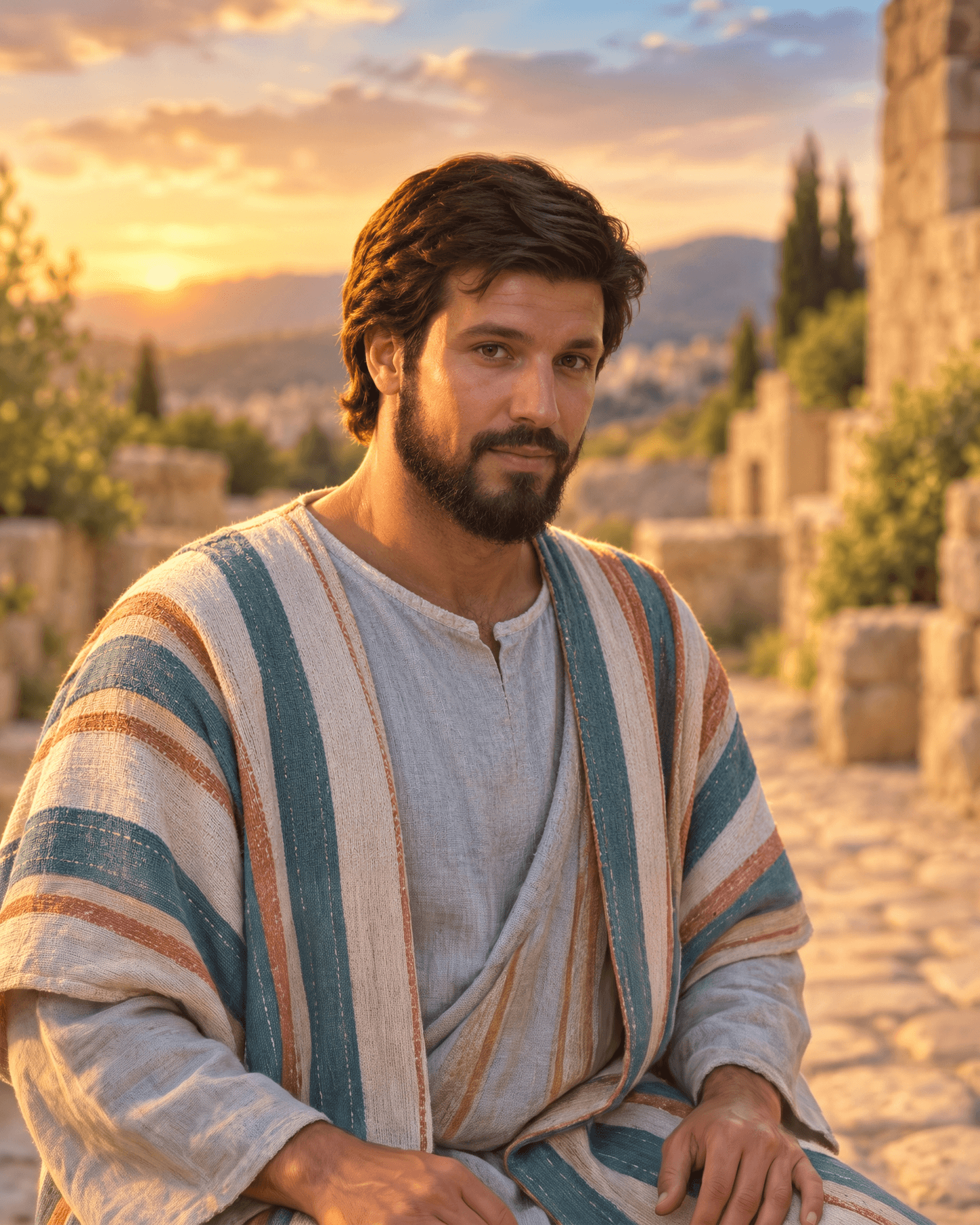 A painting of Timothy, a young man with wavy brown hair and a short beard, in a cream tunic and a striped mantle, with a stone town behind him