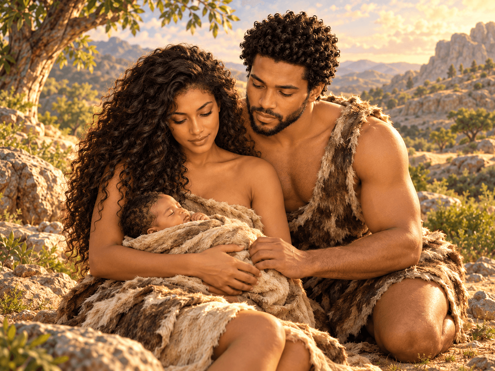 A painting of Adam and Eve with their newborn son Cain